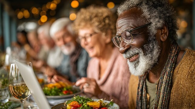 A happy senior African American man enjoys a meal with diverse friends at a festive dinner celebration.