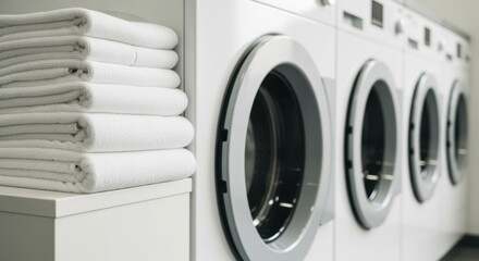 Stacked neatly on a shelf, clean white towels await use in a bright laundry room, positioned in front of modern washing machines, embodying freshness and hygiene