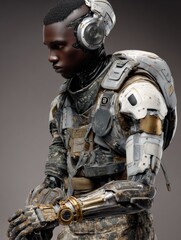 Hyper-realistic futuristic humanoid character with detailed cybernetic features, space for text