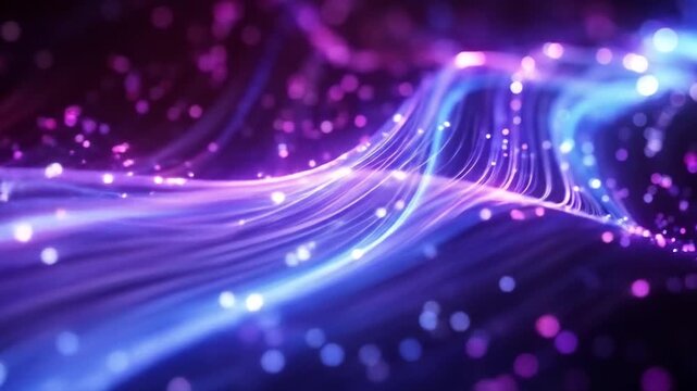 bstract purple energy waves flowing through space with sparkling particles creating magical cosmic phenomenon and ethereal light effects. Background animation