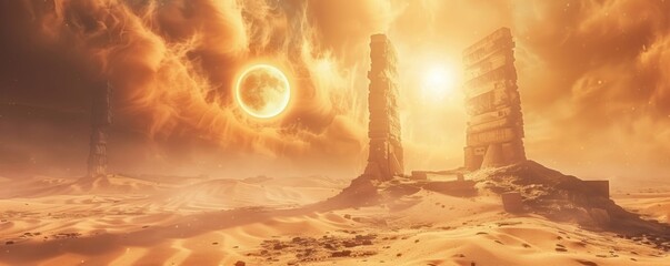 Two colossal ancient ruins rise from a vast desert, bathed in the orange glow of a solar eclipse. The celestial event casts dramatic light and shadows across the surreal landscape