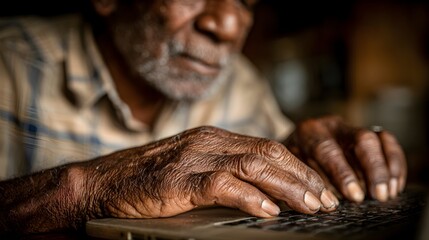 An elderly African American man with weathered hands is typing on a laptop computer intently inside home.