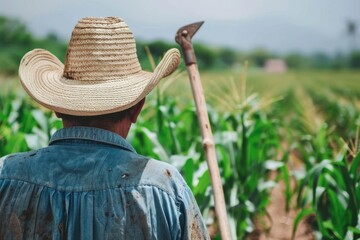 Latin American farmer holding hoe in cornfield, rural landscape, straw hat, dirt on clothes, natural lighting, hardworking scene, authentic countryside
