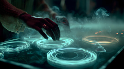 A performer interacts with ethereal glowing rings, creating a mesmerizing and futuristic spectacle filled with mysterious atmosphere.