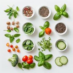 Various fresh greens, herbs, spices, and vegetables arranged on a white background. Spinach, basil, cucumber, broccoli, tomatoes, seeds, and sprouts create a healthy, natural flat lay