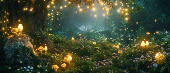 Enchanted forest at night with glowing mushrooms, soft lights hanging from tree branches, and misty atmosphere. Magical scene full of fantasy and mystery