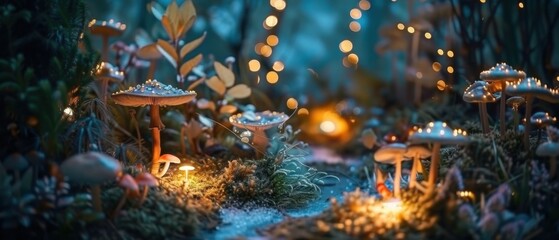 Magical forest scene with glowing mushrooms, soft moss, fairy lights, and dreamy bokeh. Enchanted night atmosphere evokes fantasy, wonder, and mystery in a miniature woodland setting