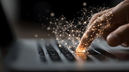 A person interacts with a laptop keyboard and digital interface displaying a glowing network concept.
