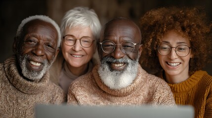 A diverse group of cheerful people smiles and looks at a laptop screen together in a warm indoor setting.
