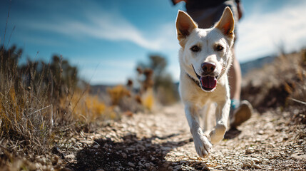 Athletic cream-colored dog joyfully running on a rocky sunlit trail outdoors