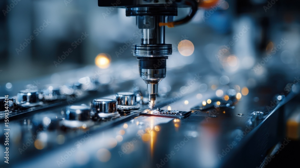 Poster in a modern factory setting, an automated assembly machine precisely applies adhesive to electronic 