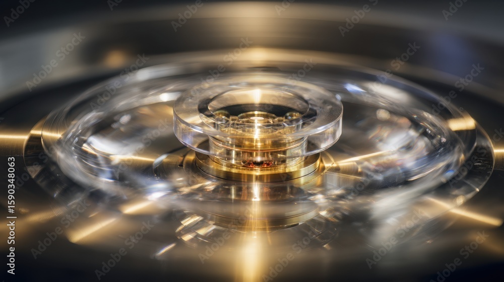 Poster polished metallic gyroscope levitating, reflecting golden light while spinning with precision, demon