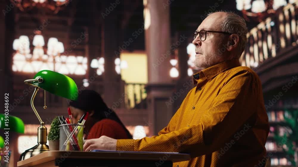 Aufkleber elderly man with a respiratory problem having a panic attack in the library, struggling to learn due