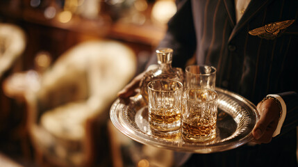 Obraz premium Elegant whiskey service in upscale lounge with crystal glasses and sophisticated ambiance