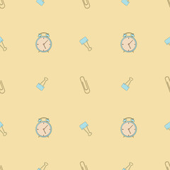 Seamless pattern with alarm clock and binder clips