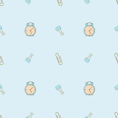 Seamless pattern with alarm clock and binder clips