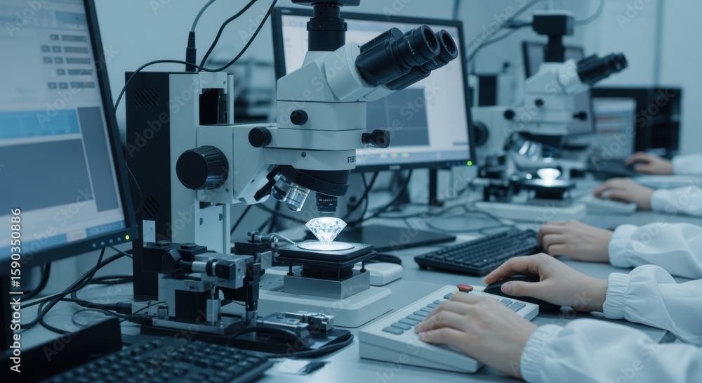Poster scientists analyzing a large, clear diamond under microscopes and computers in a modern lab, contrib