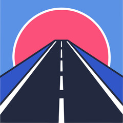 Vector road icon with black asphalt and pink sunset