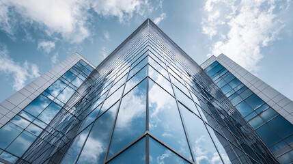 Dramatic upward view of a modern glass building reflecting blue sky and clouds