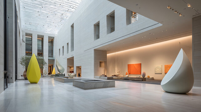 Spacious modern art museum atrium with minimalist architecture and abstract sculptures