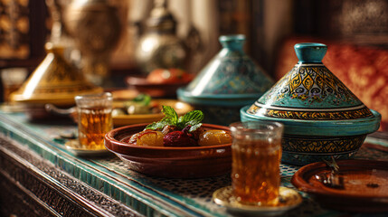 Fototapeta premium Vibrant Moroccan dining scene featuring traditional tagine, mint tea, and ornate pottery in a warm, inviting setting.