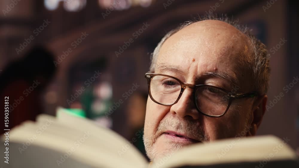 Aufkleber old person with spectacles enjoys reading a book at the library, being happy and enjoying recreation