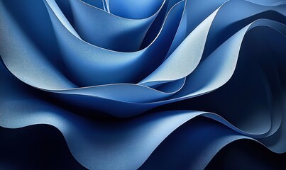 Abstract image of flowing, layered, dark and light blue fabric-like material creating a wave or rose-like pattern