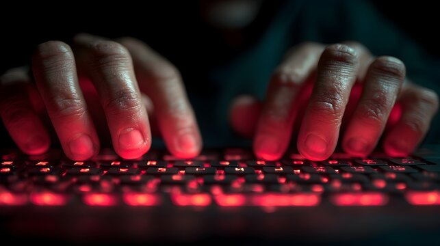 Hands typing on a glowing red keyboard in the dark suggest cybercrime hacking activity at night now today.