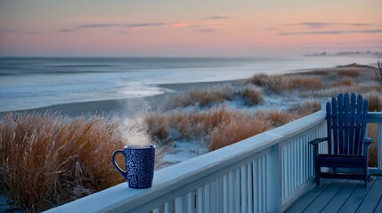 Warm drink sits on a railing of a deck with an ocean view at dawn du a peaceful morning getaway scene.