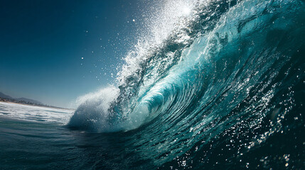 Obraz premium Dramatic close-up of a powerful ocean wave breaking with sunlight sparkling through its crest