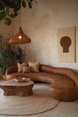 Serene bohemian living room oasis featuring organic textures, natural light, and curved leather sofa