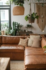 Cozy bohemian living room with plush leather sofa, lush hanging plants, and natural textures