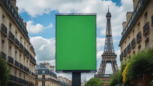 Aerial shot of big vertical billboard with green screen in Paris, advertising commercial concept