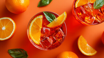 Refreshing orange-colored cocktail, likely aperitif, in glass filled with ice cubes, garnished with orange slice and green leaf. Whole oranges, half oranges, additional leaves are on orange background