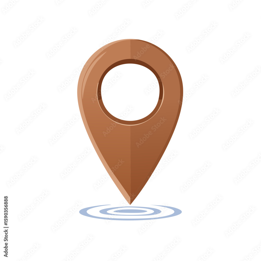 Poster single brown map pointer icon over blue location rings depicting mapping and navigation.