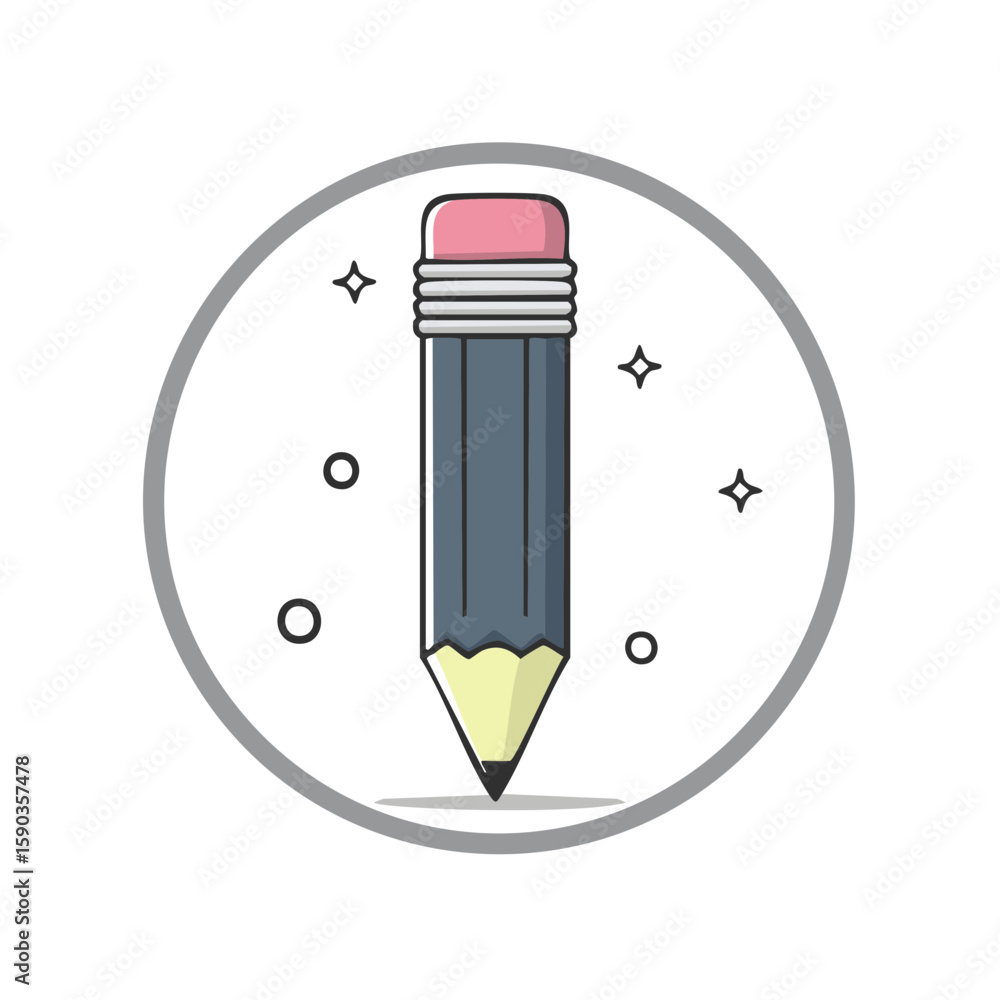 Aufkleber charming pencil drawing with an eraser surrounded by sparkles and circles in a minimalist style