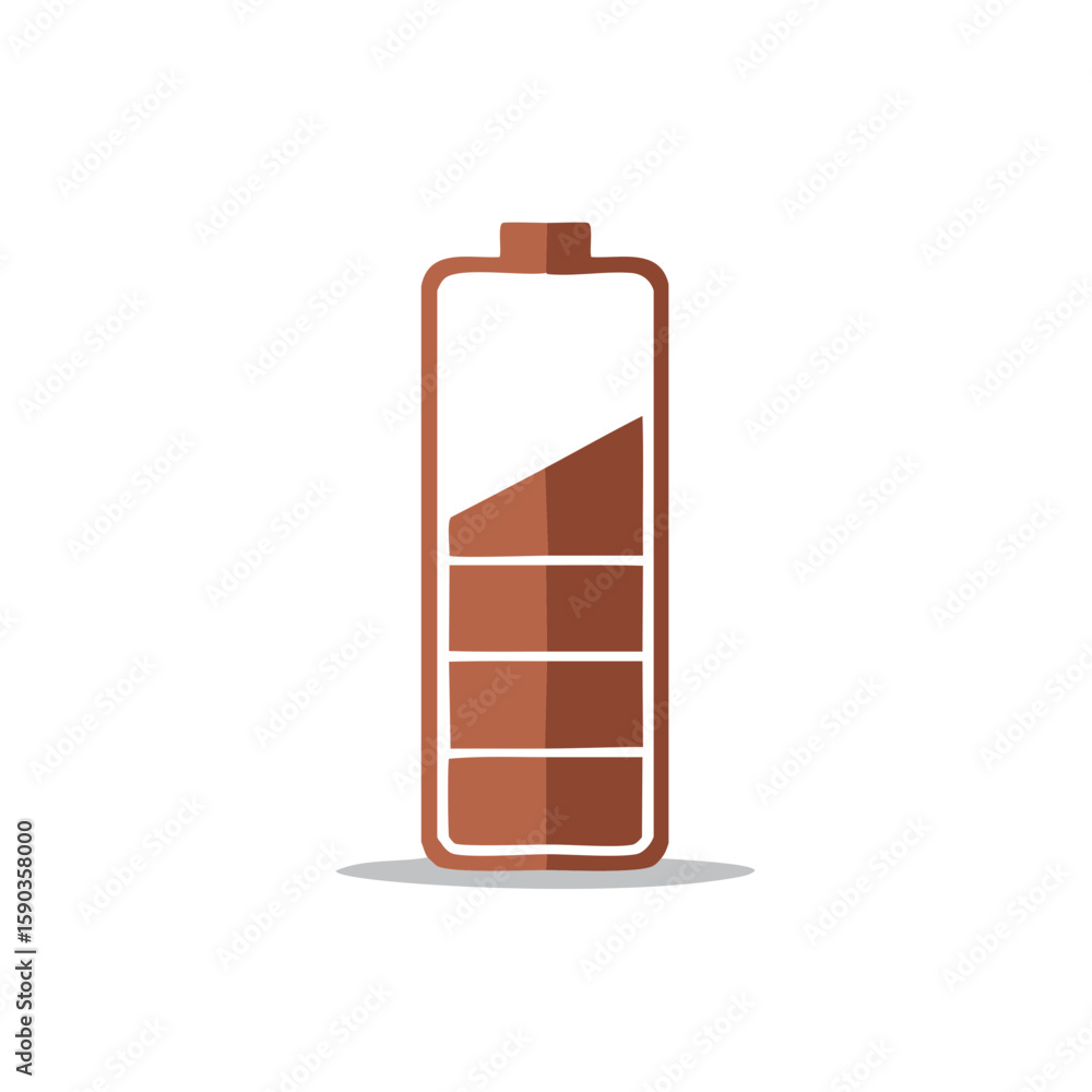 Poster battery icon depicting a brown battery with low level of charging on plain background energy storage