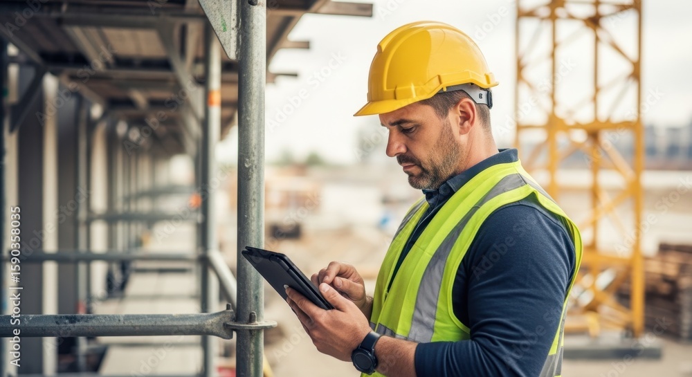 Poster construction engineer wearing safety helmet and vest using tablet on building site, checking data an