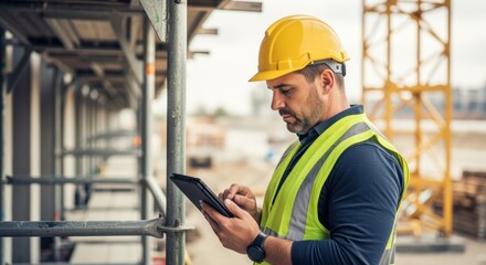 Construction engineer wearing safety helmet and vest using tablet on building site, checking data and managing projects near scaffolding and crane