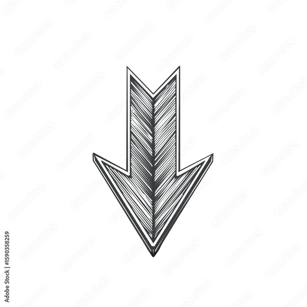 Poster hand drawn arrow pointing down in sketch style direction symbol