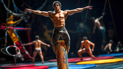 Circus acrobat balances on column mid-performance under dramatic stage lighting, team on background. Concept of ethical performances celebrating human skill in sustainable animal-free, modern circus