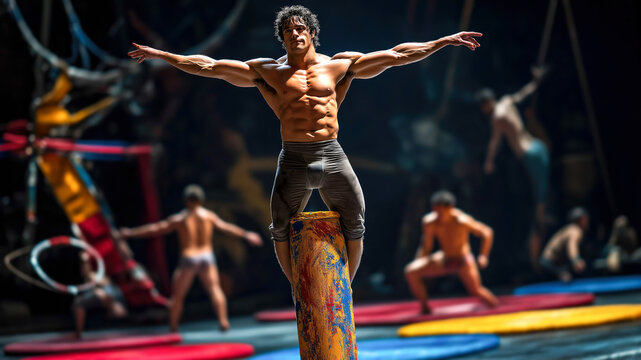 Circus acrobat balances on column mid-performance under dramatic stage lighting, team on background. Concept of ethical performances celebrating human skill in sustainable animal-free, modern circus