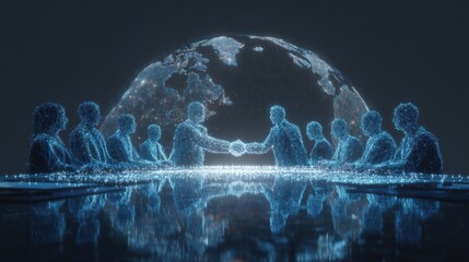 International business negotiation scene with digital contract floating in focus, blurred background