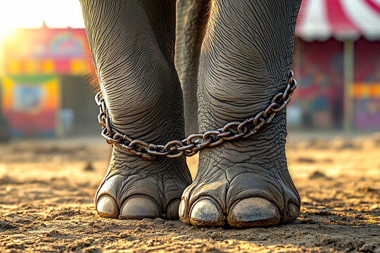 Close-up chained elephant feet on dry soil, circus tents on blurry background. Concept of animal rights, bullhook and chains, animal welfare violation and hidden cruelty behind circus performance