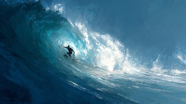 Painterly depiction of a surfer riding inside a massive wave barrel with energetic brushstrokes capturing the ocean’s power and vibrant light