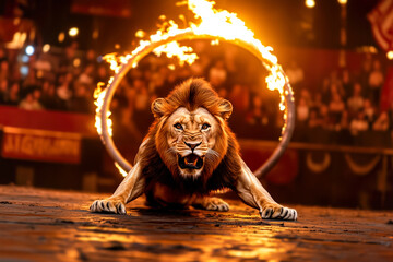 Lion fear jump through dangerous ring of fire on circus Lion show arena, symbolizing fear, violence and animal exploitation. Concept of cruelty masked as entertainment under audience spotlight