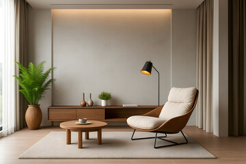 Modern Minimalist Living Room with Cozy Lounge Chair and Indoor Plants