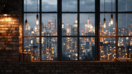 Naklejka premium Cozy urban loft interior with large window overlooking vibrant city skyline at dusk