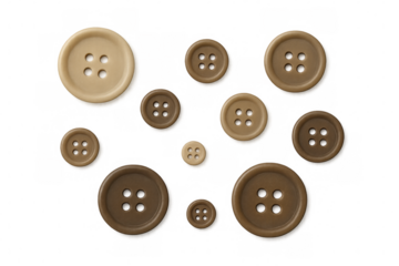 Different sized brown and beige clothing buttons creating a decorative pattern on a transparent background