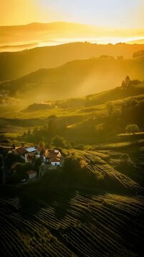 Golden Sunrise Over Hillside Vineyards and Rural Village
